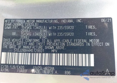 2021 Toyota Highlander Xse z USA, uszkodzony, nr VIN 5TDJZRBH4MS129931